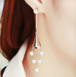 Rhinestone Heart Hanging Flower Tassel Earrings