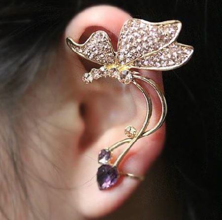 Butterfly and Rhinestone Ear Cuff (Single Left, No Piercing)