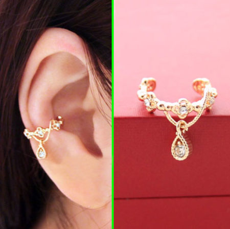 Dangling Flower Crown Rhinestone Ear Cuffs (2 pcs, No Piercing)