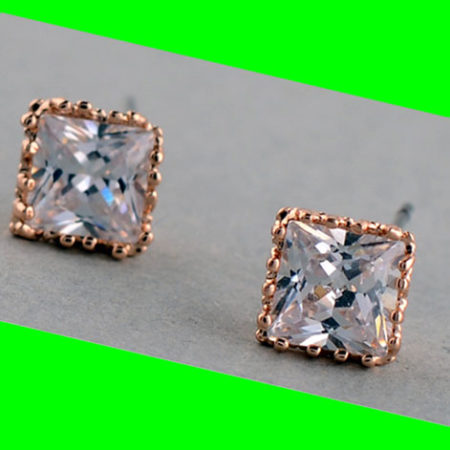 Diamond Square Gold Trim Rhinestone Earrings