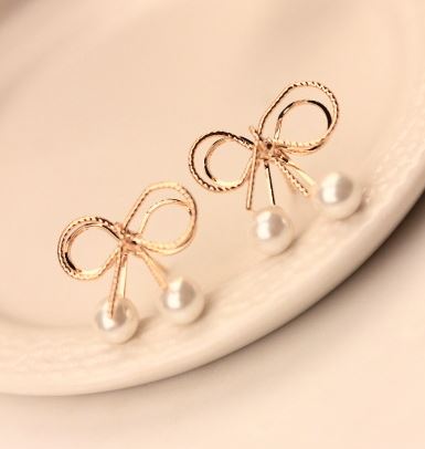 Double Golden Bow Pearl Earrings