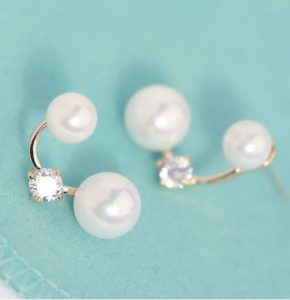 Double Pearl and Rhinestone Crescent Earrings
