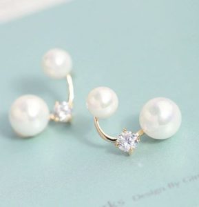 Double Pearl and Rhinestone Crescent Earrings
