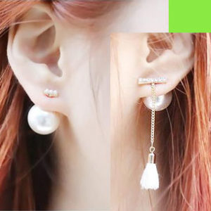 Pearl and Rhinestone Tassel Asymmetric Earrings (Reversible)