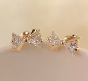 Golden Trim Diamond Bow Rhinestone Earrings