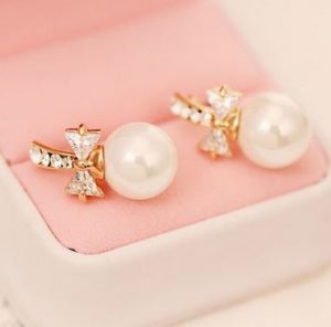 Pearl and Bow Full Rhinestone Earrings