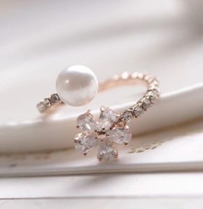 Flower Rhinestone and Pearl Cuff Ring (Adjustable Band)