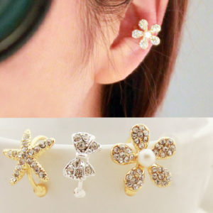 Flower Rhinestone and Pearl Ear Cuff Ring (Single, No Piercing, Adjustable)