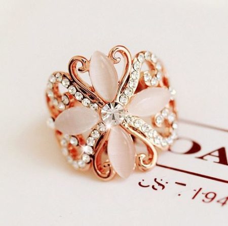Gemed Flower Opal and Rhinestone Statement Ring