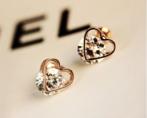 Gold Heart Trim on Rhinestone Earrings
