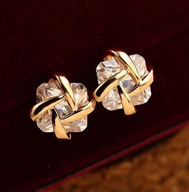 Gold Trim Princess Cut Rhinestone Earrings