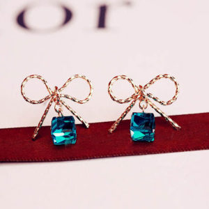 Golden Bow and Blue Cystral Earrings