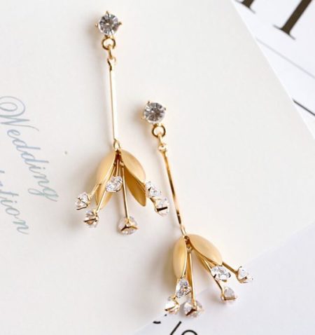 Hanging Golden Flower Rhinestone Earrings