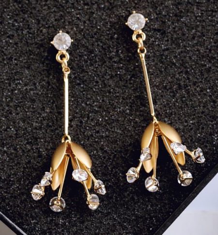 Hanging Golden Flower Rhinestone Earrings