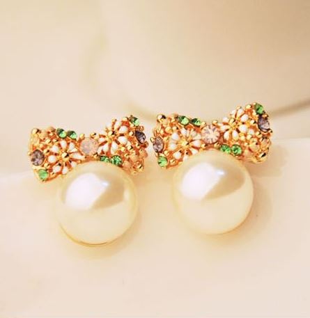 Pearl Ball and Flower Bow Earrings