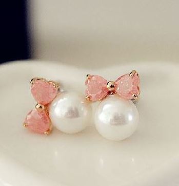 Pearl Ball and Pink Bow Earrings