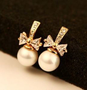 Pearl and Bow with Full Rhinestone Earrings