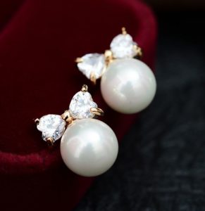 Pearl and Heart Bow Rhinestone Earrings