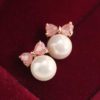 Pink Bow Rhinestone and Pearl Ball Earrings