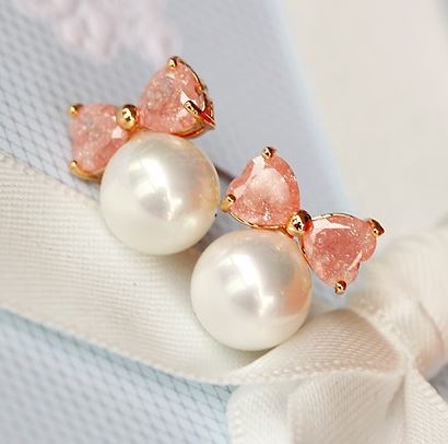 Pink Bow Rhinestone and Pearl Ball Earrings
