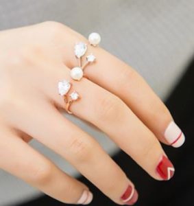 Pearl and Rhinestone Dots Double Layer Cuff Ring (Slightly Adjustable)