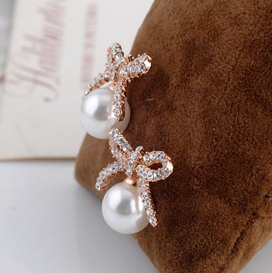 Rhinestone Bow and Pearl Ball Earrings