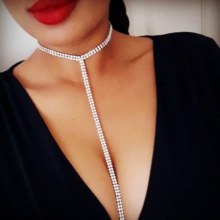 Rhinestone Necktie Choker and Long Tassel Necklace