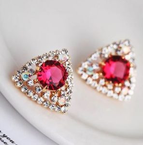 Ruby Heart Triangle Rhinestone Earrings