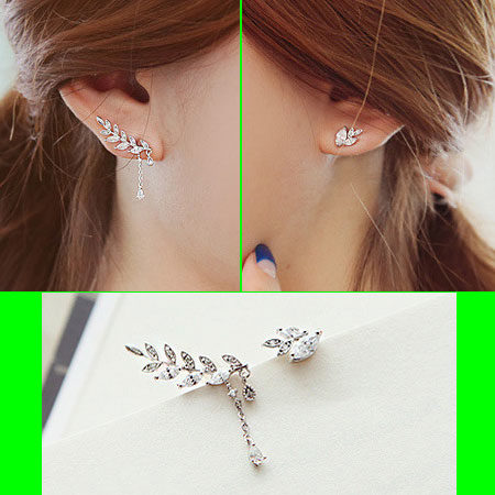 Silver Leaves and Tassel Rhinestone Asymmetrical Earrings Set
