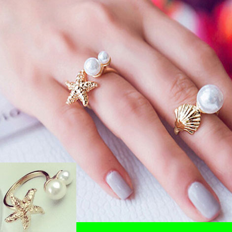 Starfish and Double Pearl Cuff Ring (Slightly Adjustable)